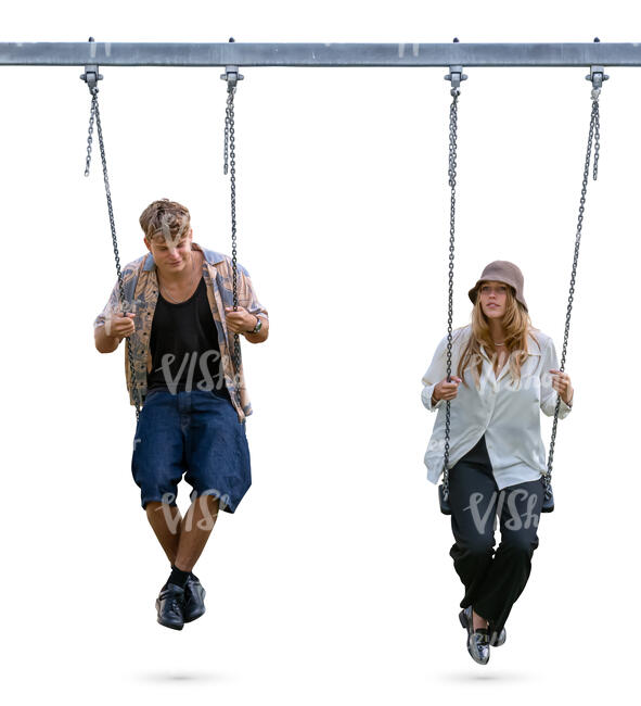 man and woman sitting on a swing