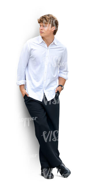 young man leaning casually against the wall