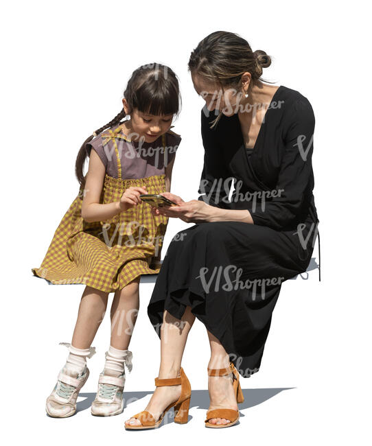 japanese woman with her daughter sitting