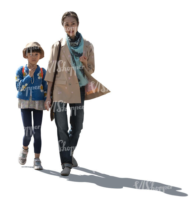 cut out backlit japanese mother and daughter walking