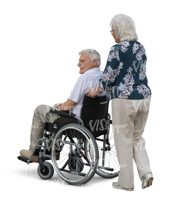 elderly woman walking with a man in a wheelchair