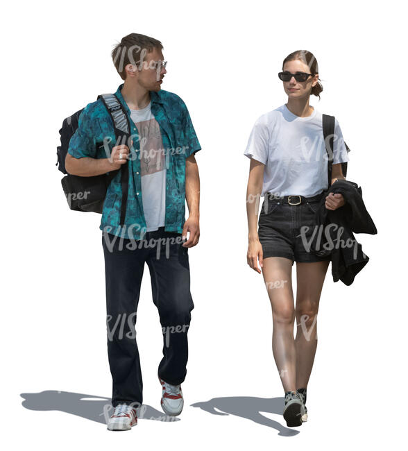 two young people walking in tree shade