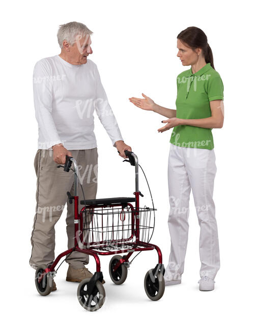 cut out nurse talking to an elderly man with a walking frame