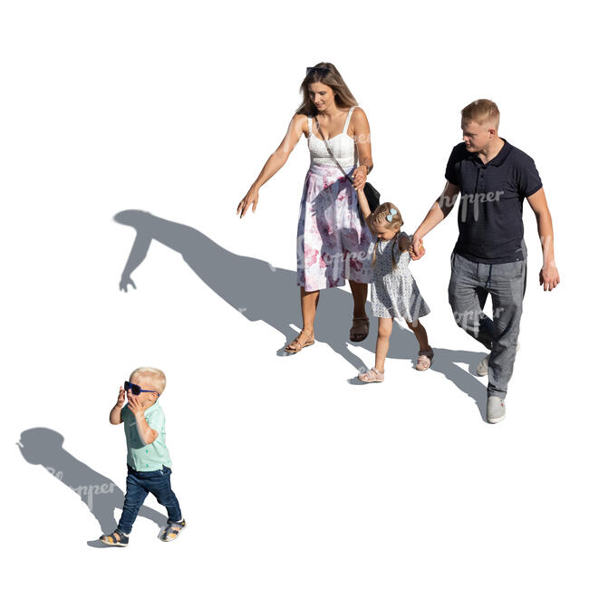 top view of a family with little kids walking