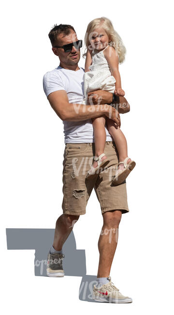 man carrying her little daughter walking down the stairs
