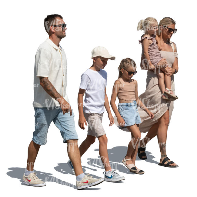 family with three little kids walking together