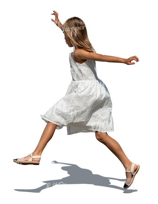 cut out girl in a white dress jumping and playing