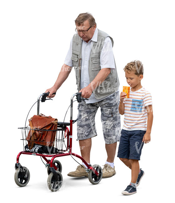 grandfather with a walking frame walking with his grandson
