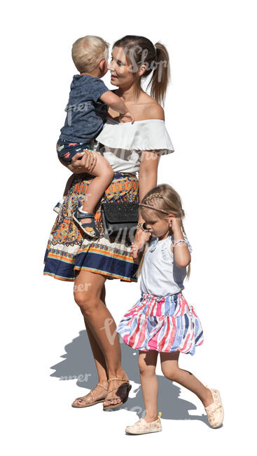 woman with two little children walking