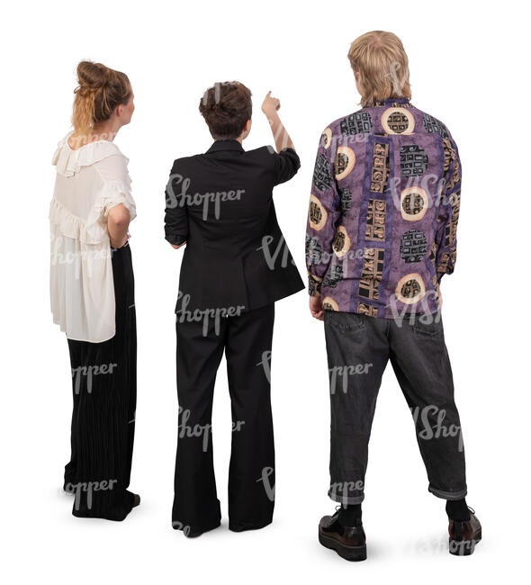 group of three friends standing and looking at smth