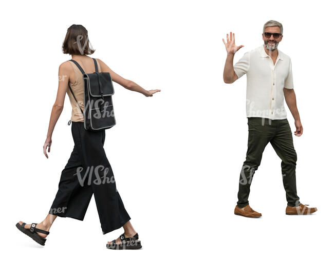 man and woman greeting and waving to each other