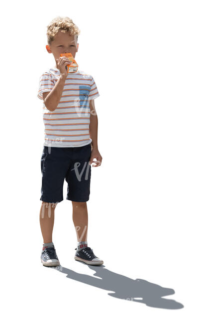 cut out backlit little boy standing and drinking juice
