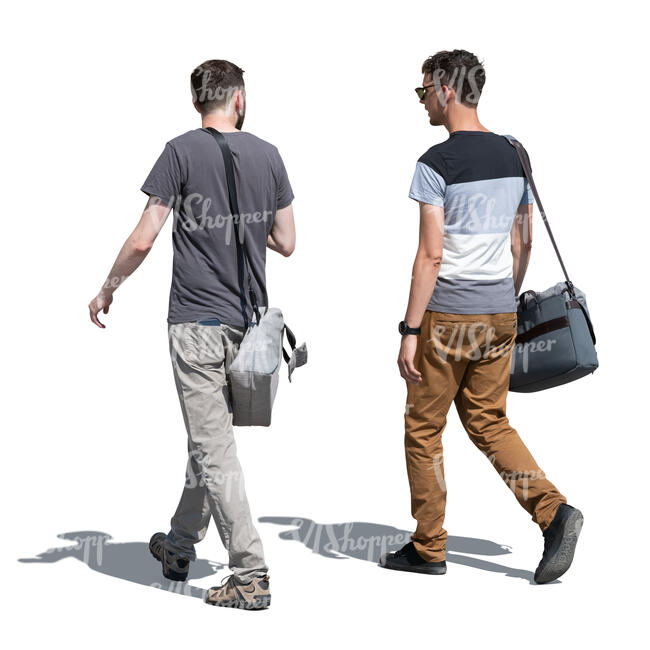 two men walking in the street on a summer day