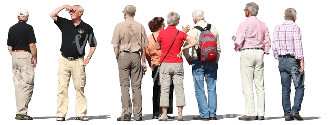eight elderly people standing and looking around