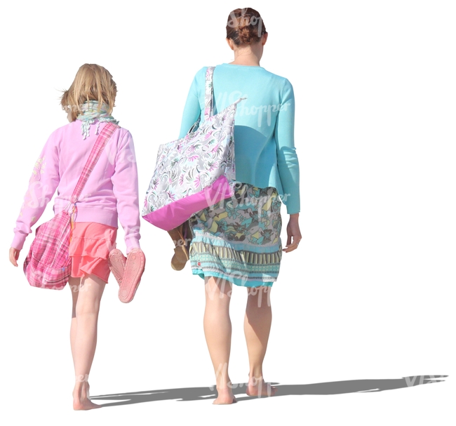 mother and daughter walking barefoot