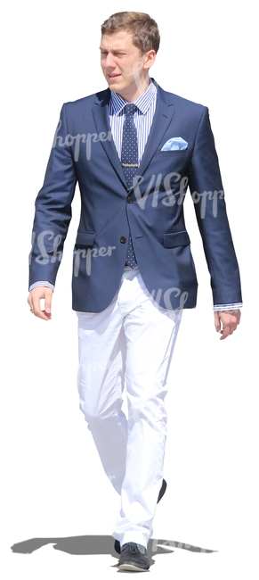 man in a fancy blue jacket walking