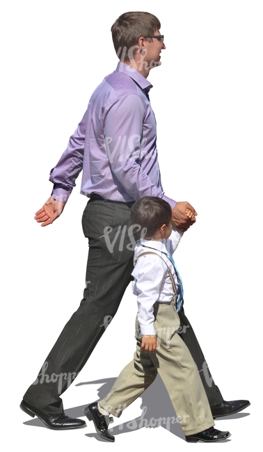 father and son in formal clothes walking