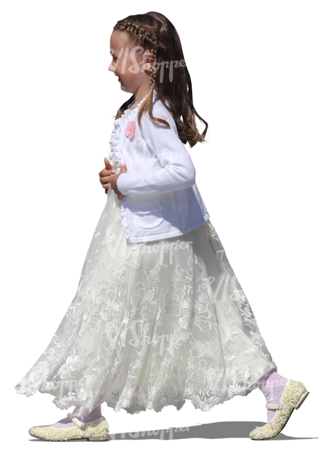 girl in a fancy white dress walking