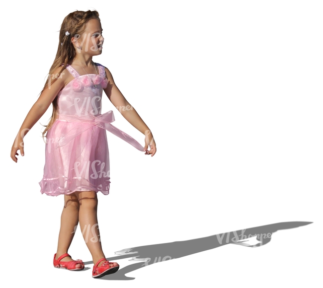 girl in a fancy pink dress walking