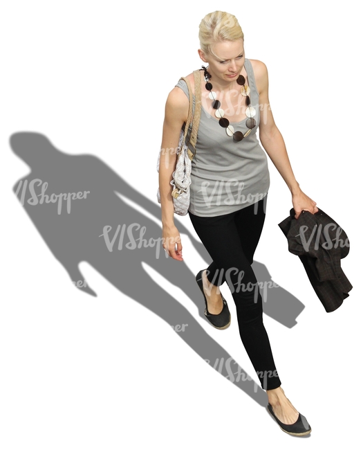 blond woman walking seen from above