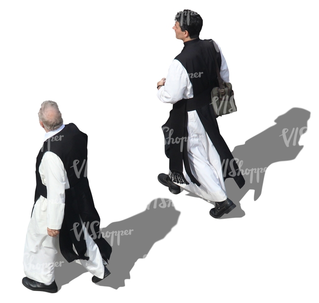 two monks walking seen from above