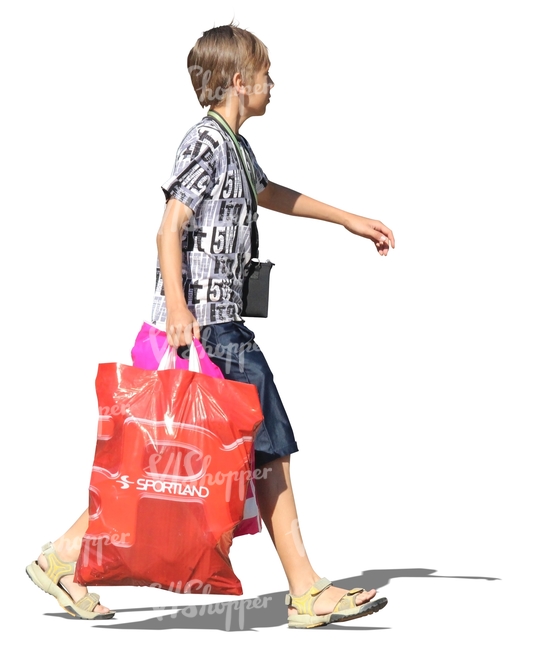 cut out boy with heavey shopping bags