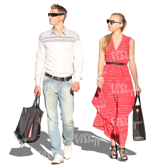 couple with shopping bags walking side by side