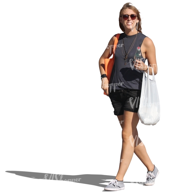 woman with sunglasses and groceries bag