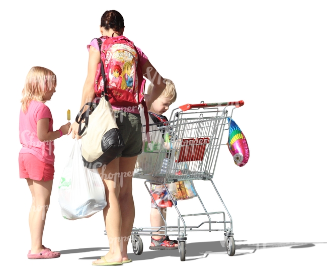 woman and two children standing with a shopping cart