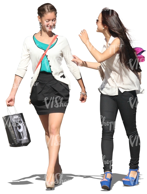 two women with shopping bags walking and talking