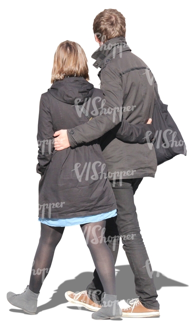 couple in black coats walking arm in arm