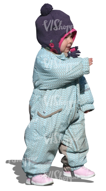 cut out child in a blue onsie walking