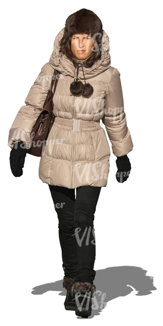 woman with a fur hat walking