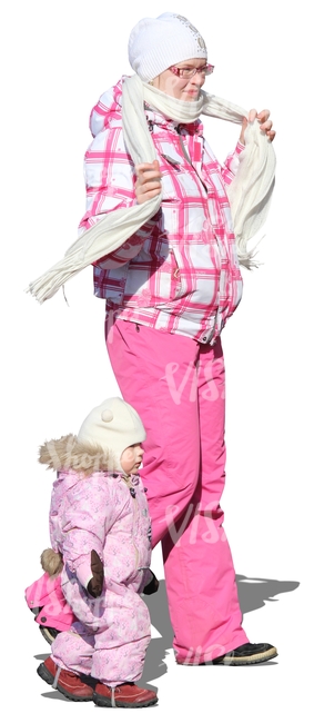 mother and daughter in pink winter clothes