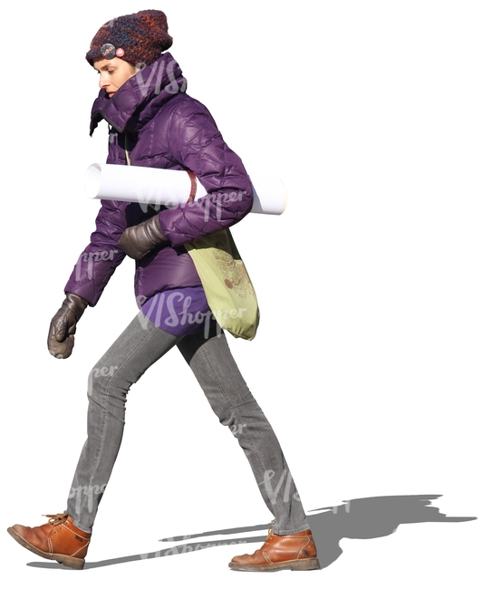 woman in a purple winter jacket walking