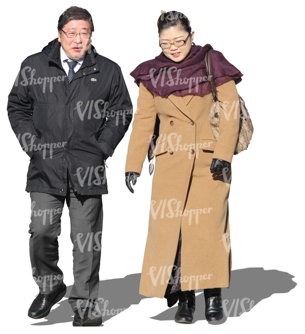 cut out asian couple walking in wintertime