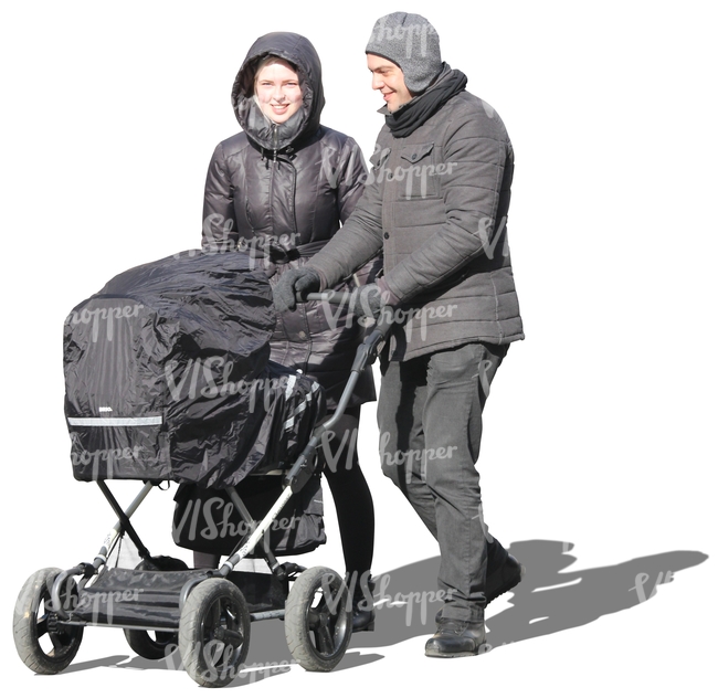 man and woman pushing a baby carriage