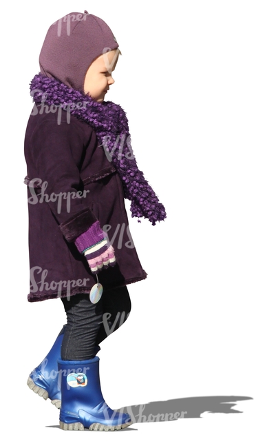 cut out girl in a purple winter coat walking