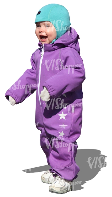 child in a purple onsie standing