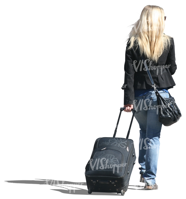 blond woman travelling with a suitcase