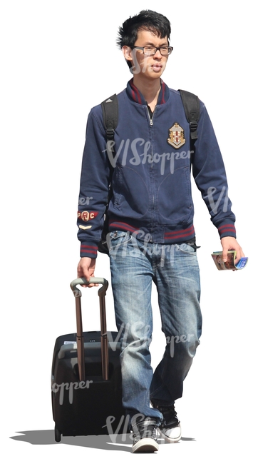 young asian man pulling a suitcase