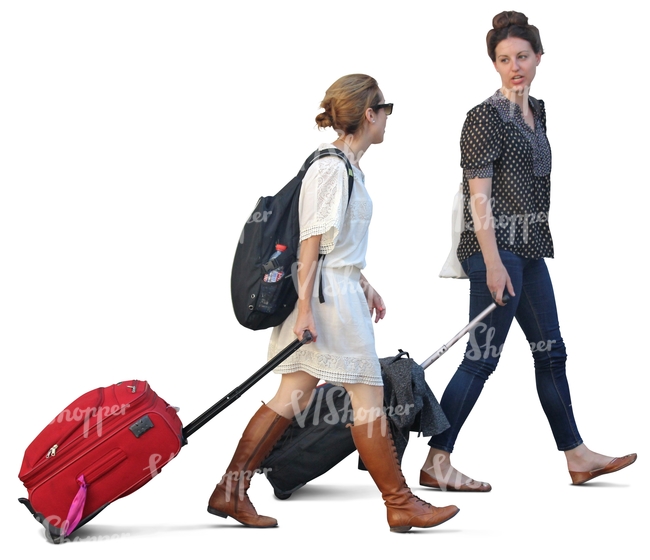two women with suitcases walking and talking