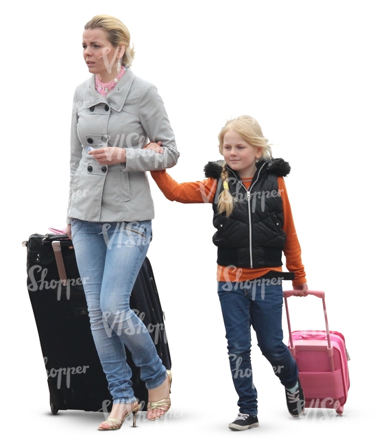 woman and a girl walking with suitcases