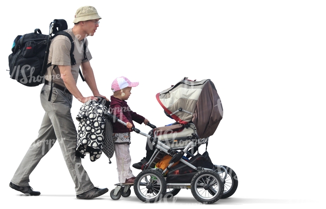 man with a backpack pushing a baby carriage