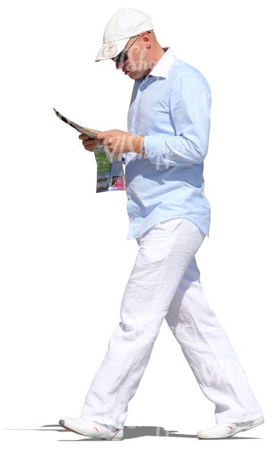 cut out man walking and reading a paper