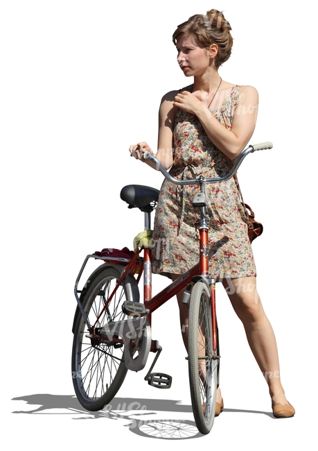 cut out woman in a dress standing by a bicycle