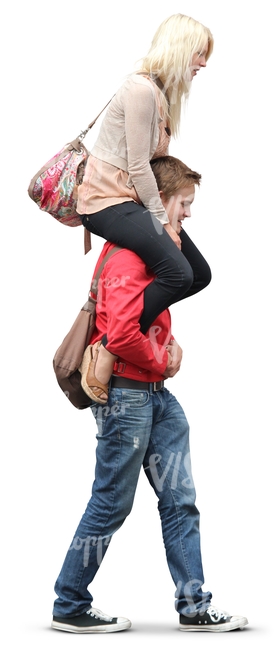 man carrying a woman on his shoulders