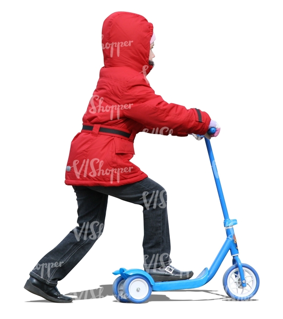 cut out girl in a red jacket riding a scooter