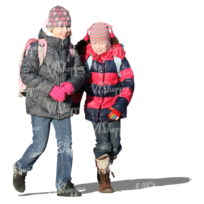 two cut out schoolgirls walking and talking