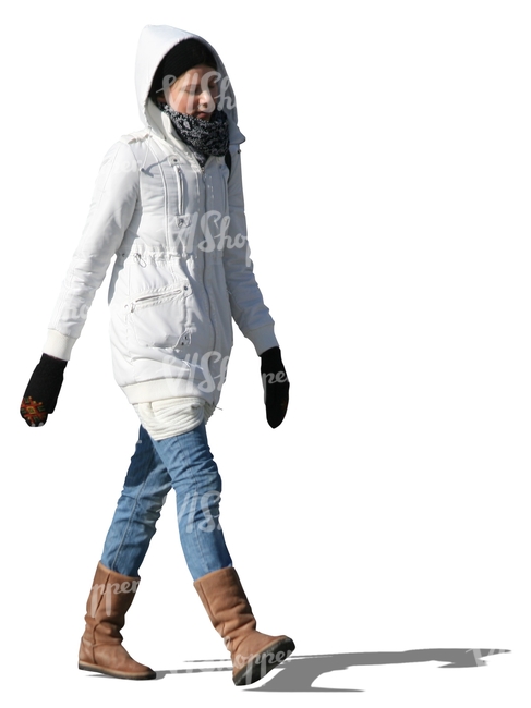 cut out woman in a white winter jacket walking